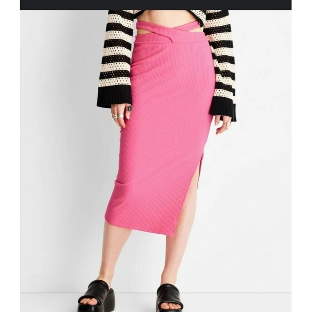Women's Cross Waist Rib-Knit MIDI Skirt Future Collective w/ Alani Noelle Size L